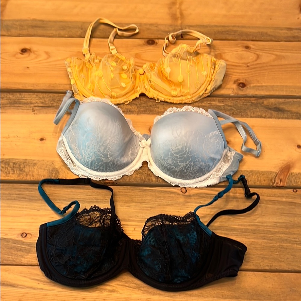 Lot of 3 Marie Jo bras - orange, black, blue. 34C. Worn but lots of life left.